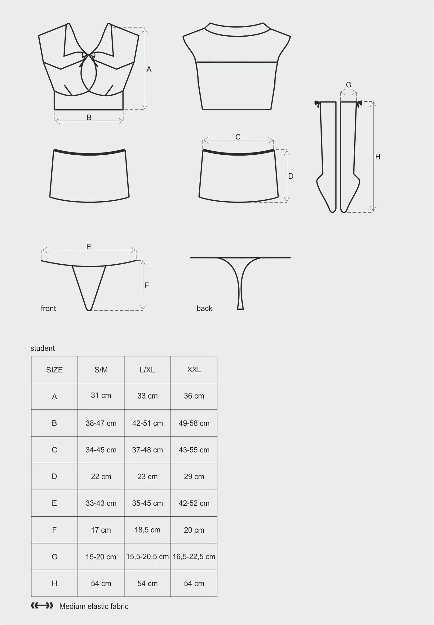 Guide de taille Déguisement Étudiante Sexy